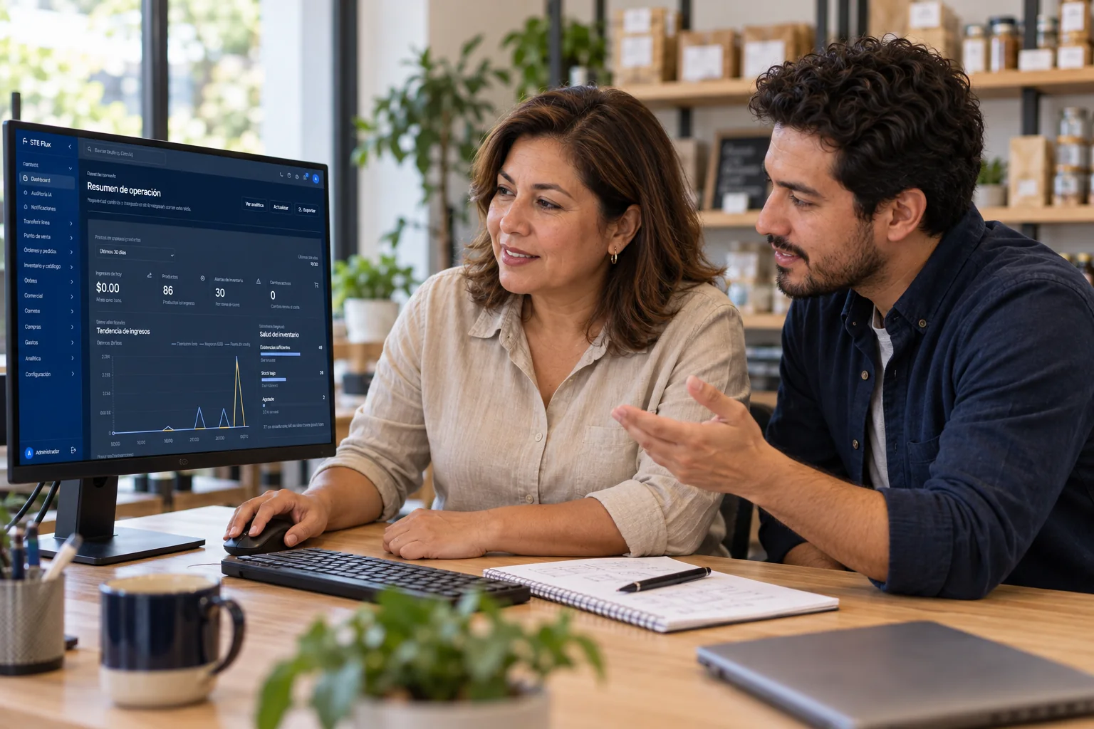 Escena ilustrativa de una empresaria usando una pantalla basada en STE Flux mientras un consultor a su lado la orienta.