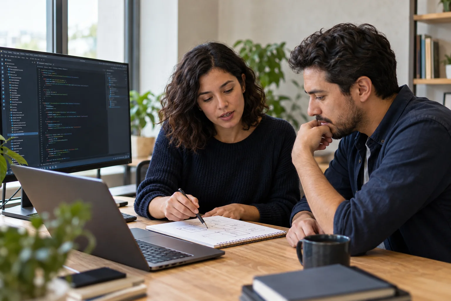 Escena ilustrativa de dos profesionales revisando juntos un diagrama de arquitectura, con un editor de código en el monitor.