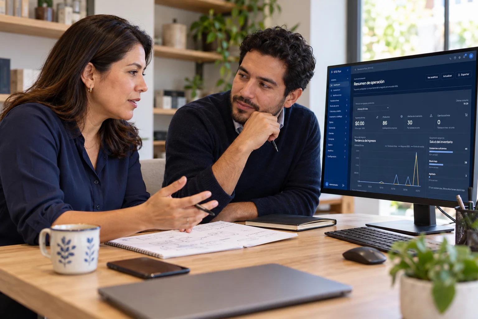 Escena ilustrativa de una empresaria y un consultor conversando sobre un proceso, junto a una pantalla basada en el dashboard de STE Flux.