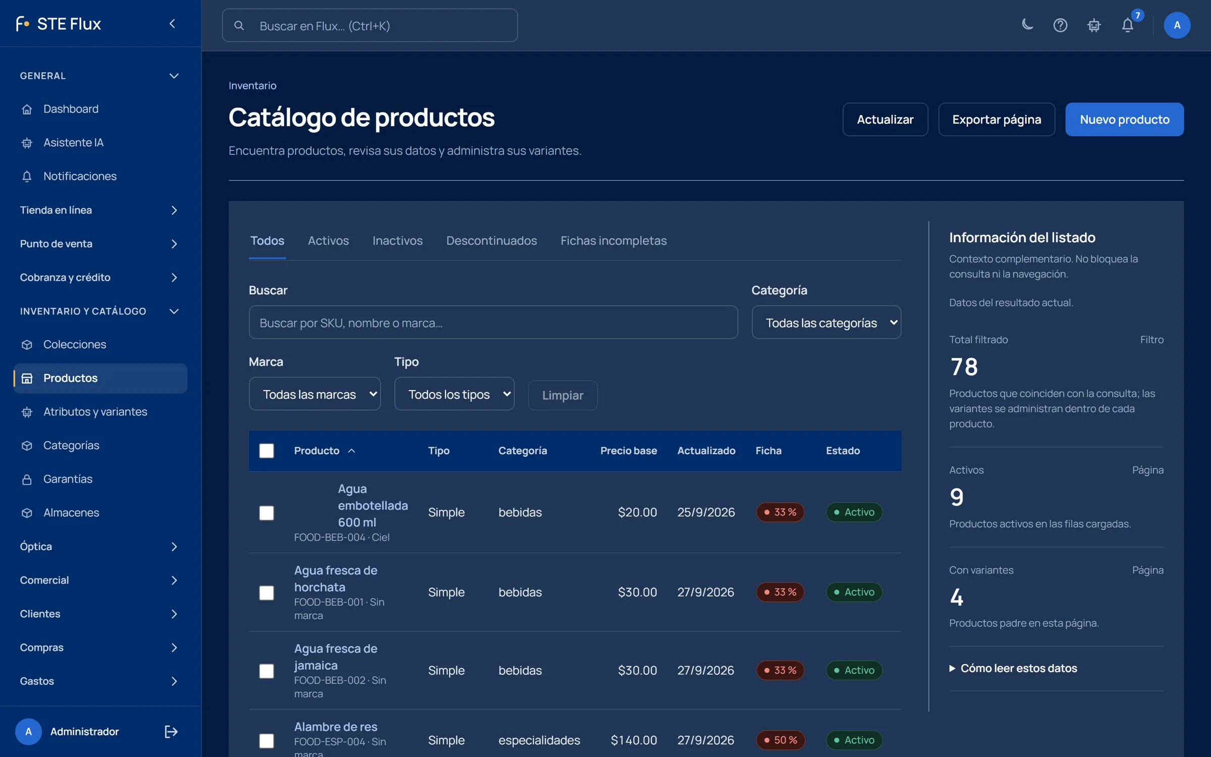 Catálogo de productos de STE Flux con datos de demostración